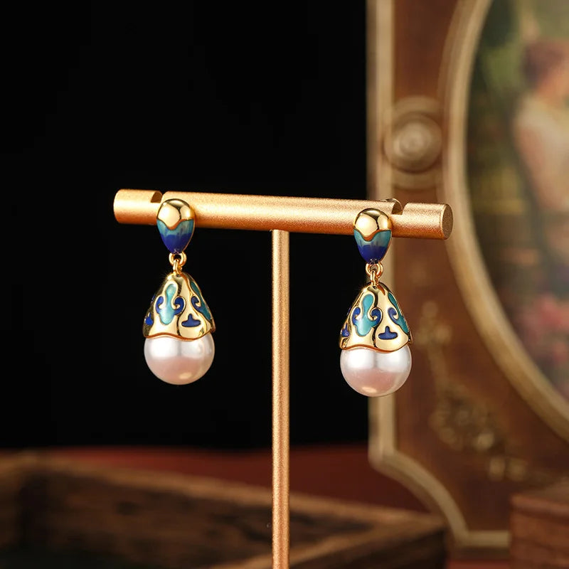 Jewelry Spring New Grid Enamel Earrings Simulated Pearl Dropping Oil Retro Style Earrings Women's Party Festival Gift