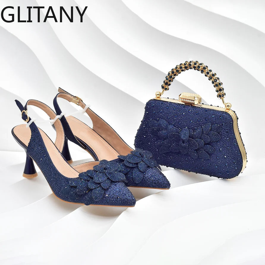 New Arrival Party Shoe and Bag Set for Women Italy Full Diamonds High Heels Luxury Woman Pumps Matching Italian Shoe and Bag Set