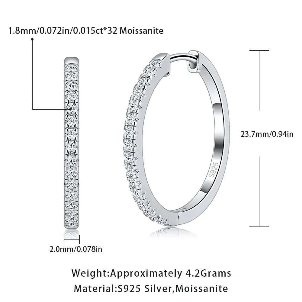 Pretty Beauty 23mm Moissanite Hoop Earrings S925 Sterling Silver for Women Wedding Party White Gold Plated Fine Jewelry Gifts