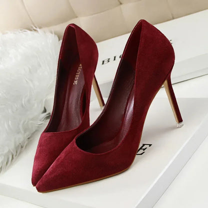 Women Elegant Flock Orange Purple Evening Banquet Party Pumps Lady Classic Scarpin New Burgundy 9cm High Heels Shoes Plus Size