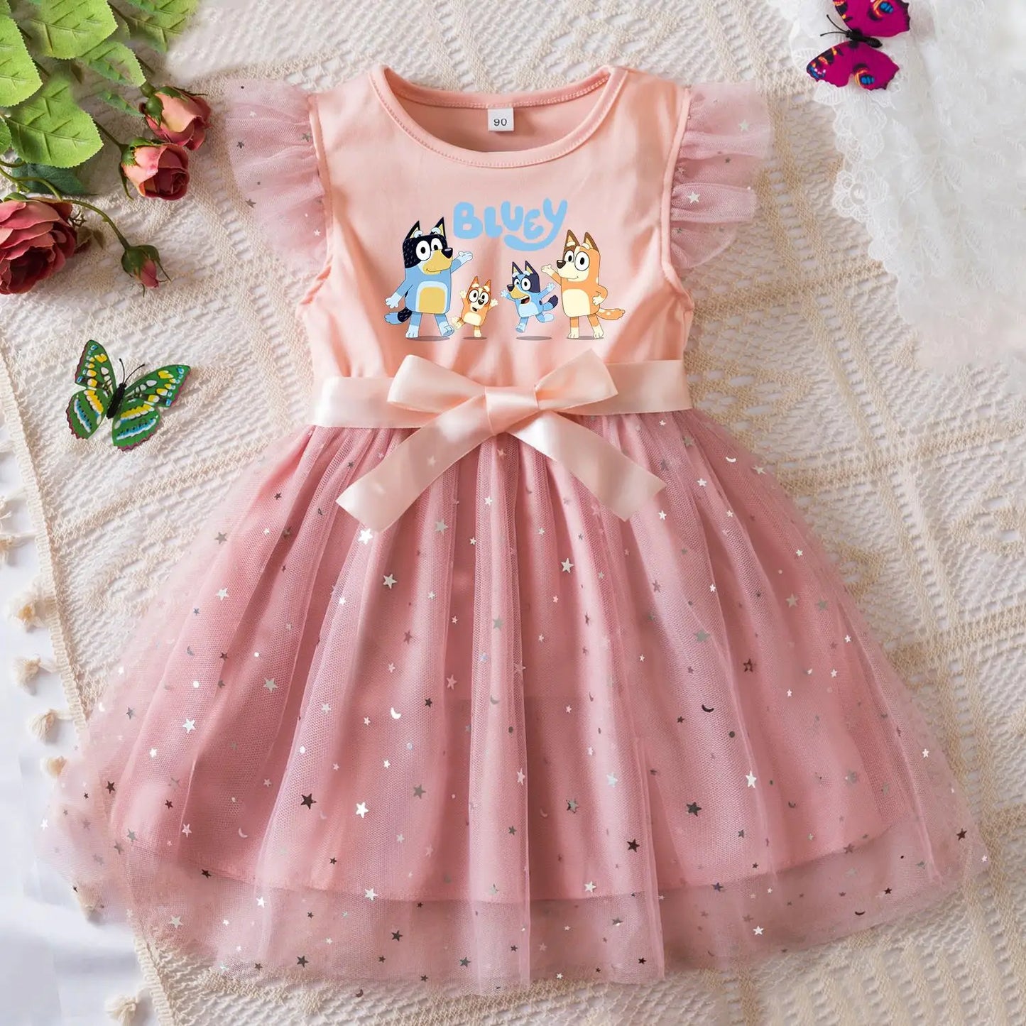 Girls Sequin Tutu Dress with Bow Flutter Sleeves Summer Princess Party Outfit for Toddler Kids 2-6 Years