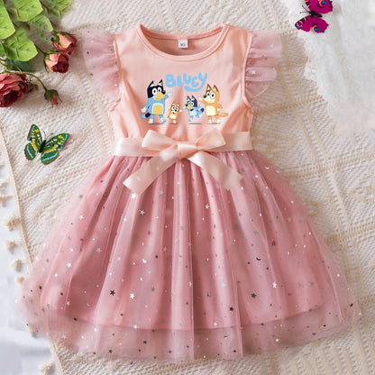 Girls Sequin Tutu Dress with Bow Flutter Sleeves Summer Princess Party Outfit for Toddler Kids 2-6 Years