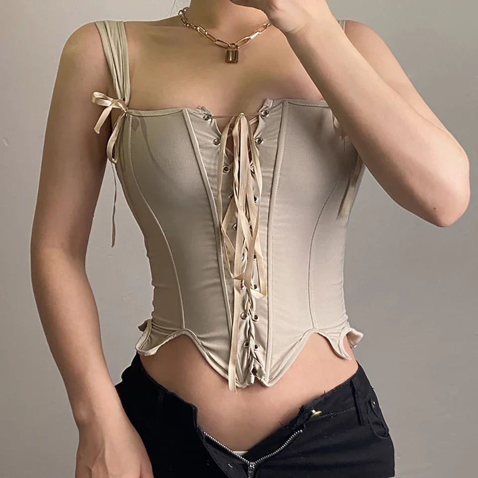 Women's Retro Lace-up Corset Crop Top Sleeveless Spaghetti Straps Bustiers Corsets Medieval Slim Tight Cami Tops Club Outwear