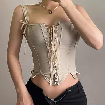 Women's Retro Lace-up Corset Crop Top Sleeveless Spaghetti Straps Bustiers Corsets Medieval Slim Tight Cami Tops Club Outwear