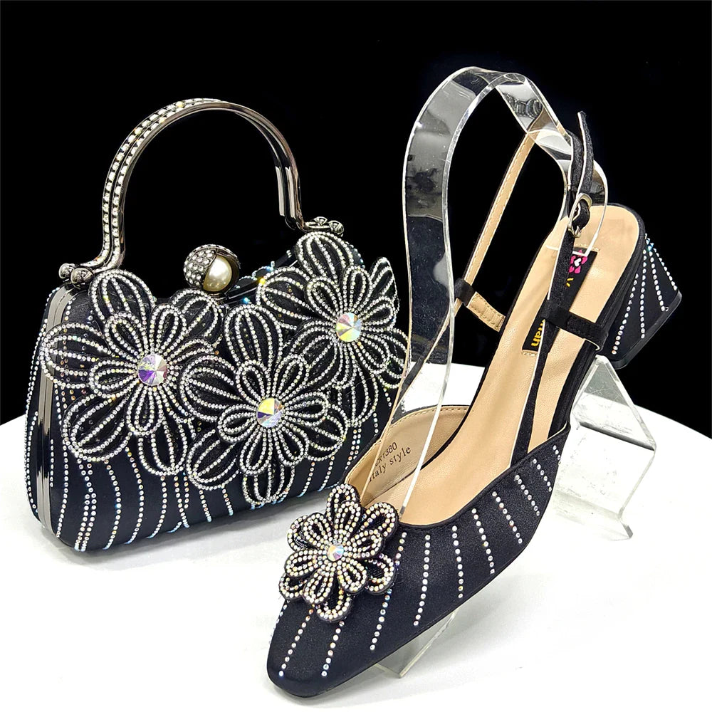 Novos Scarpins e Bolsa Italianos Para Festa 2026 Estilo INS Bico Fino Salto Alto Elegante Strass Verde Cunhado Feminino