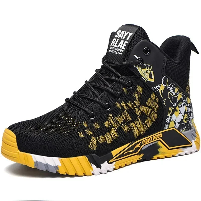 Men's All Seasons Safety Shoes Breathable Flying Woven Steel Toe Cap Impact Resistant Puncture Proof mid Cut Sneakers