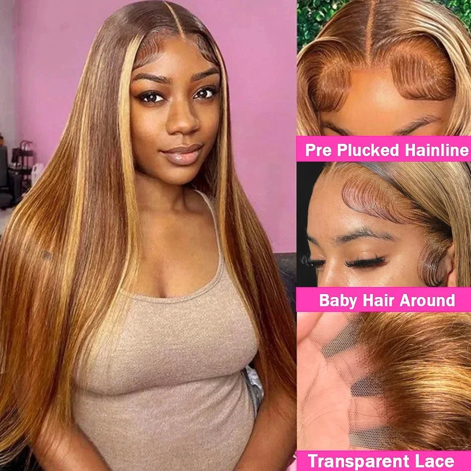 Brown P4/27 Straight 13x4 Lace Frontal Human Hair Wigs Brazilian Highlight Colored Lace Front Wig For Women 28 30 32 34 36 Inch