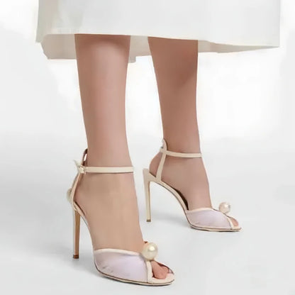 Summer White Mesh Pearl Wedding Shoes Round Toe Super High Heel One Word Buckle Sandals Large Size Sandals