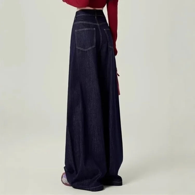 Calça Jeans Feminina Azul Estilo Americano Cintura Alta Perna Larga Solta que Emagrece Caimento Drapeado Comprimento Longo Primavera Outono Tendência