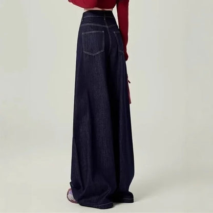 Calça Jeans Feminina Azul Estilo Americano Cintura Alta Perna Larga Solta que Emagrece Caimento Drapeado Comprimento Longo Primavera Outono Tendência