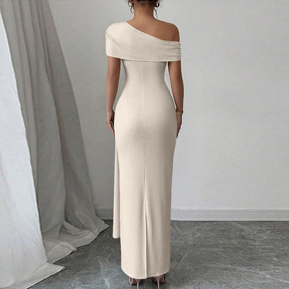 Vestidos Longos de Festa Sensuais para Mulheres, Vestido de Cor Sólida sem Mangas com Decote Diagonal, Vestido Maxi Plissado Justo, Vestido Bodycon Moderno