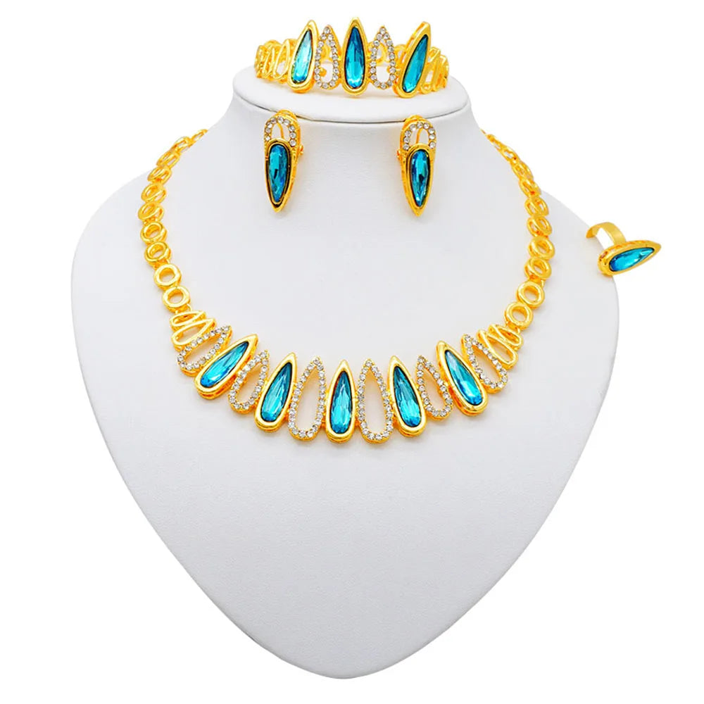 Women Gold Color Jewelry Sets Blue Pendant Necklace Earrings Bracelet Ring Sets Party Gifts