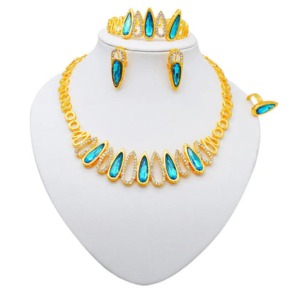 Women Gold Color Jewelry Sets Blue Pendant Necklace Earrings Bracelet Ring Sets Party Gifts