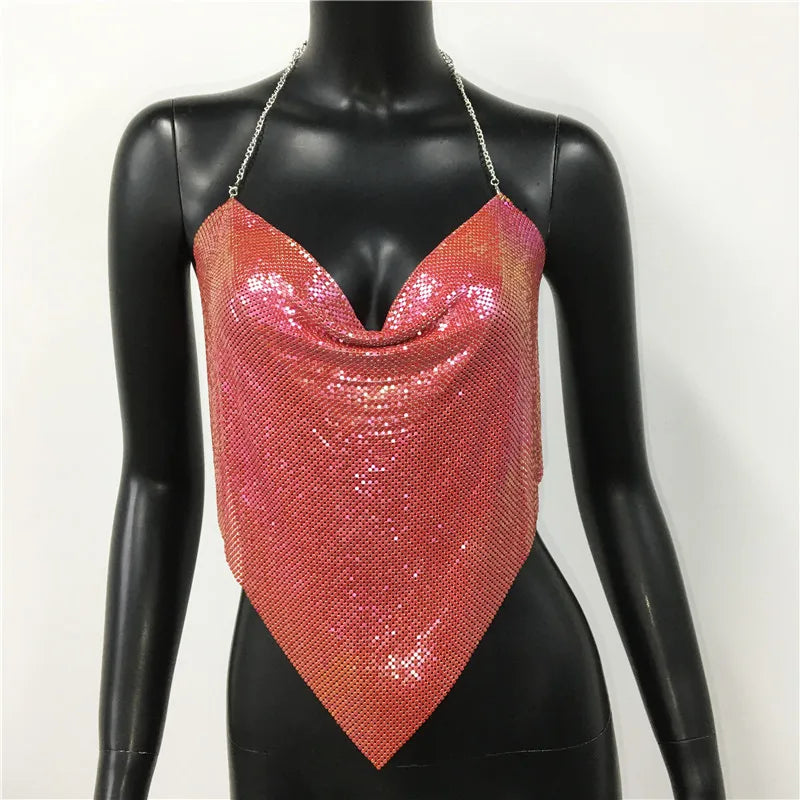 Shiny Metal Sequins Tank Tops For Women Sexy Backless V Neck Adjustable Chain Crop Top Lady Festival Rave Party Club Camisole