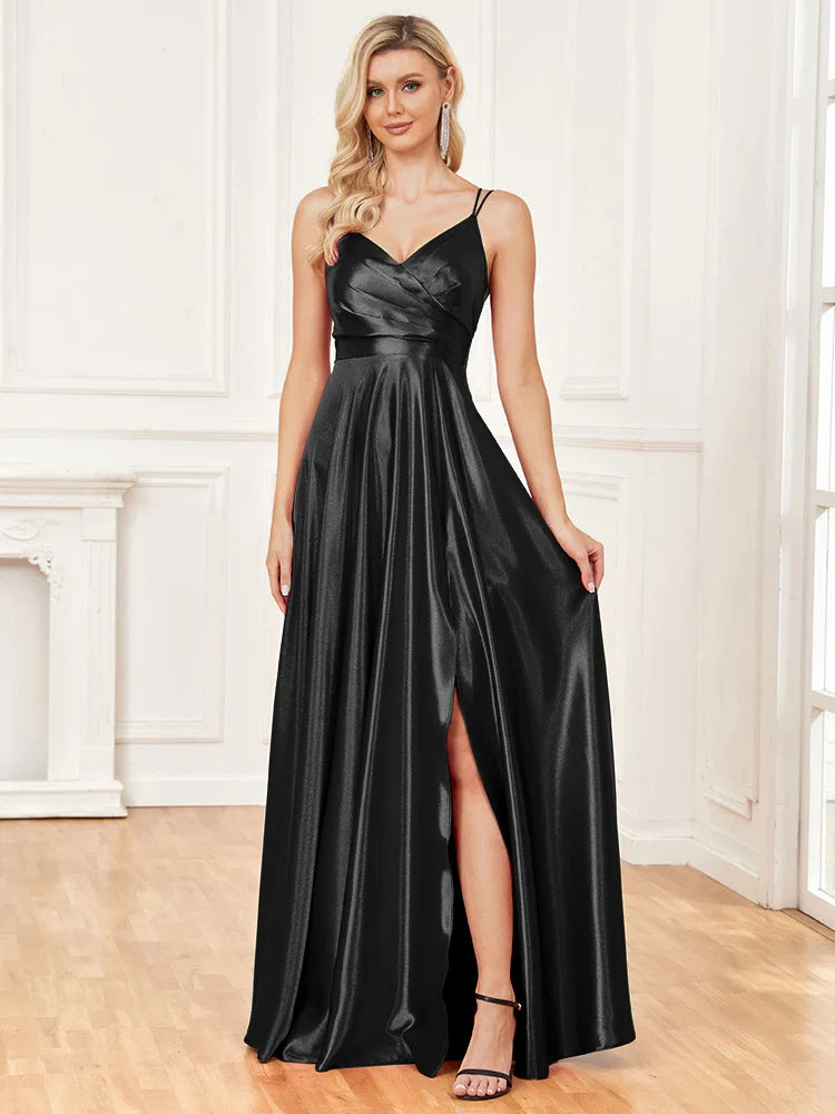 Luxury V-Neck Satin Sleeveless Blue Formal Evening Dress 2024 Women Elegant Sexy Slip Wedding Party Long Prom Dress