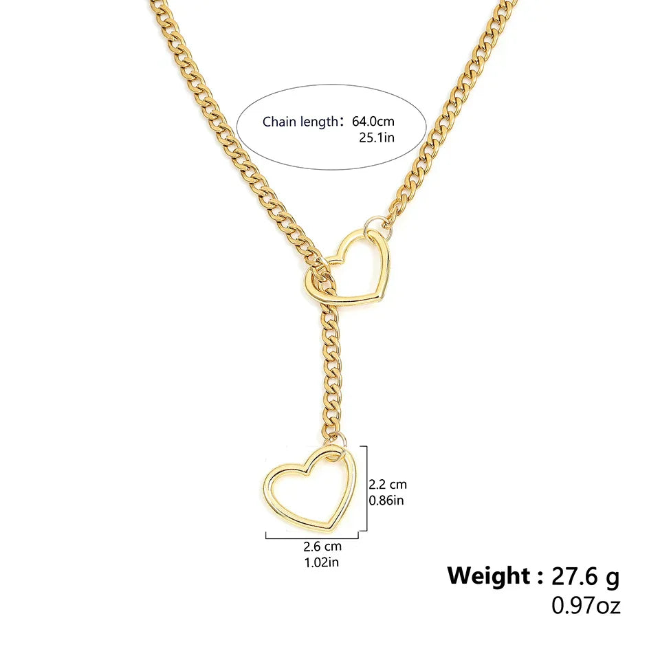 Adjustable Stainless Steel Cuban Link Necklace Hollow Heart Y-Shaped Necklace Punk Rock Style Party Accessories