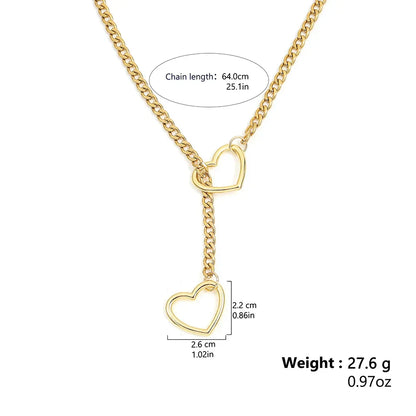 Adjustable Stainless Steel Cuban Link Necklace Hollow Heart Y-Shaped Necklace Punk Rock Style Party Accessories