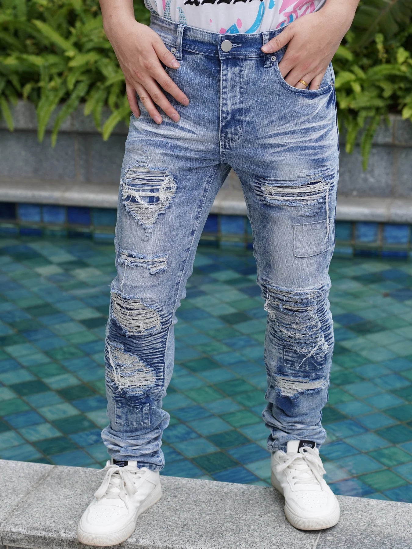 Men'S Wide Leg Jeans  Distressed And Patched Style  New Arrivals For Summer  Breathable And Cool  Promotion With Free Shipping