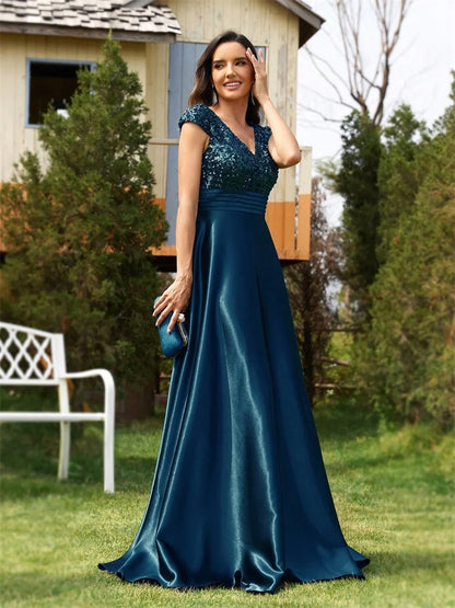 Elegant Pleated Splicing Cover sleeve  With Pockets Sequins Evening Dresses Long Luxury Women Satin Wedding Party Cocktail Gowns