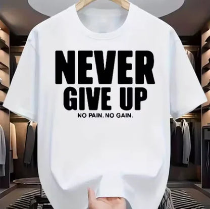Men's Pure Cotton Fashionable Casual Loose  Sports Never Give Up Letter  Pattern Printed Round  Neck Short Sleeved  T-shirt Top.