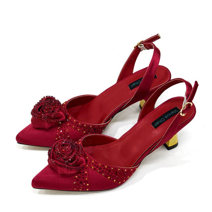 Elegant Rhinestone-Embellished Brown Heeled Shoes and Handbag Set for Women with Floral Decoration – Perfect Small Size Fashion
