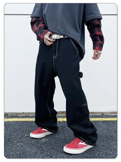 Retro Black Fashion Work Jeans Men Casual Straight-Leg Classic Work Denim Trousers Korean Brand Pant Men's Summer Pants