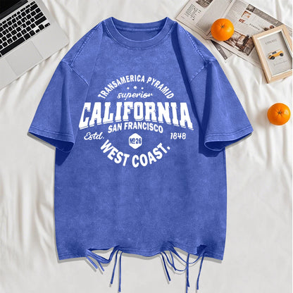 California Sanfrancisco Weat Coast Washed Holes T-Shirt Mens Cotton Soft T Shirts Crewneck Loose Clothes Multicolor Short Sleeve