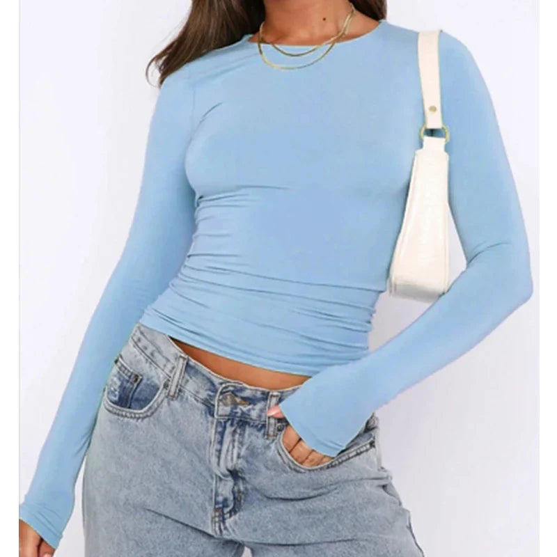Woman Clothing Long Sleeve T-shirt Slim Fit Tops Female O-Neck Close-fitting Tee Shirt Street Wear 2024 Y2K Qtraf 2408