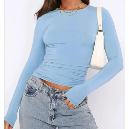 Woman Clothing Long Sleeve T-shirt Slim Fit Tops Female O-Neck Close-fitting Tee Shirt Street Wear 2024 Y2K Qtraf 2408