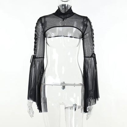 Black Mesh T-shirt Gothic Street Lace-up Punk Ring Flared Sleeves Eyelet Pullover Outer Harajuku Vintage Women Top