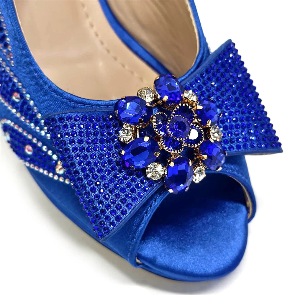 Conjunto Combinando Sapatos e Bolsas Italianos 2024 Peep Toe Salto Alto Cor Pêssego Laço Strass Sapatos Femininos para Festa