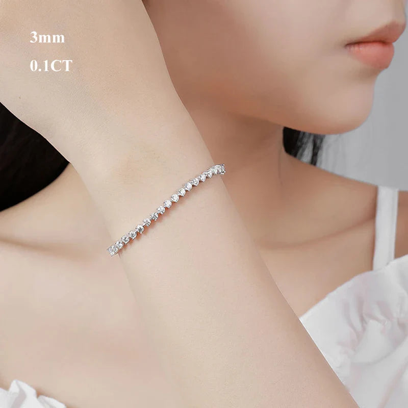 3 Prong 2.5mm 3mm Full D Color Moissanite Diamond Tennis Bracelet for Women 925 Silver Link Chain Spring Buckle Bracelets