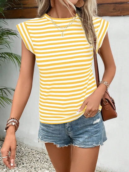 Summer personality fashion striped color combination of high-grade short-sleeved ladies T-shirt