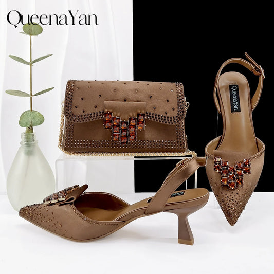 Elegant Coffee Color Pointed-Toe Italian Women's High-Heeled Shoe and Bag Set with Diamond Design for Parties