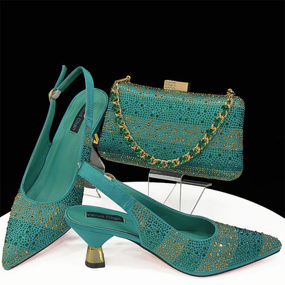 Elegant High Heels Shoes and Bag Set for Women Pointed Toe Black Color Hollow Rhinestones Matching Bag