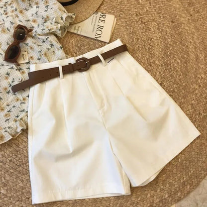 Summer new wide leg shorts Thin cotton A-frame shorts Office ladies classic loose casual zipper shorts for women