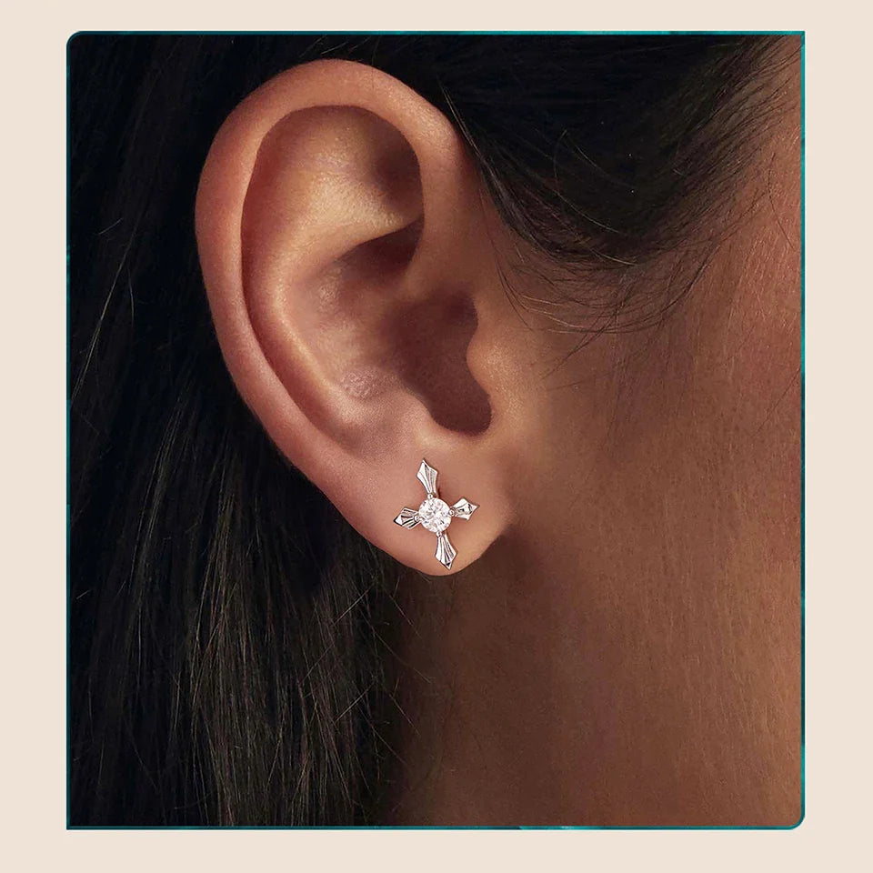 Classic Cross Moissanite Arrow Stud Earrings, 925 Sterling Silver Round Cut Lab Created Diamond Women Engagement Earrings