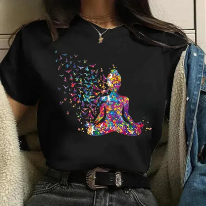 Yoga Print Tshirt Women Bird Om Aum Jade Buddha Meditation Tie Die T Shirt Femme T-Shirt Tops