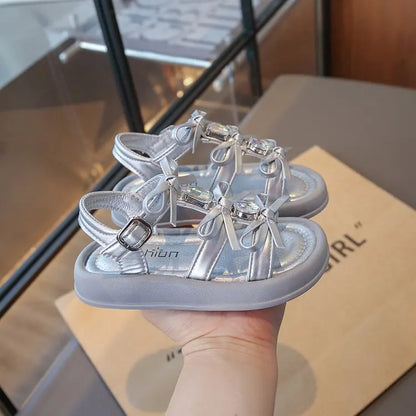 Summer Kids Fashion Hollow-out Roman Sandals Student Water Diamond Bow Sandals Sweet Bowknot Comfortable Elegant Girls Shoes