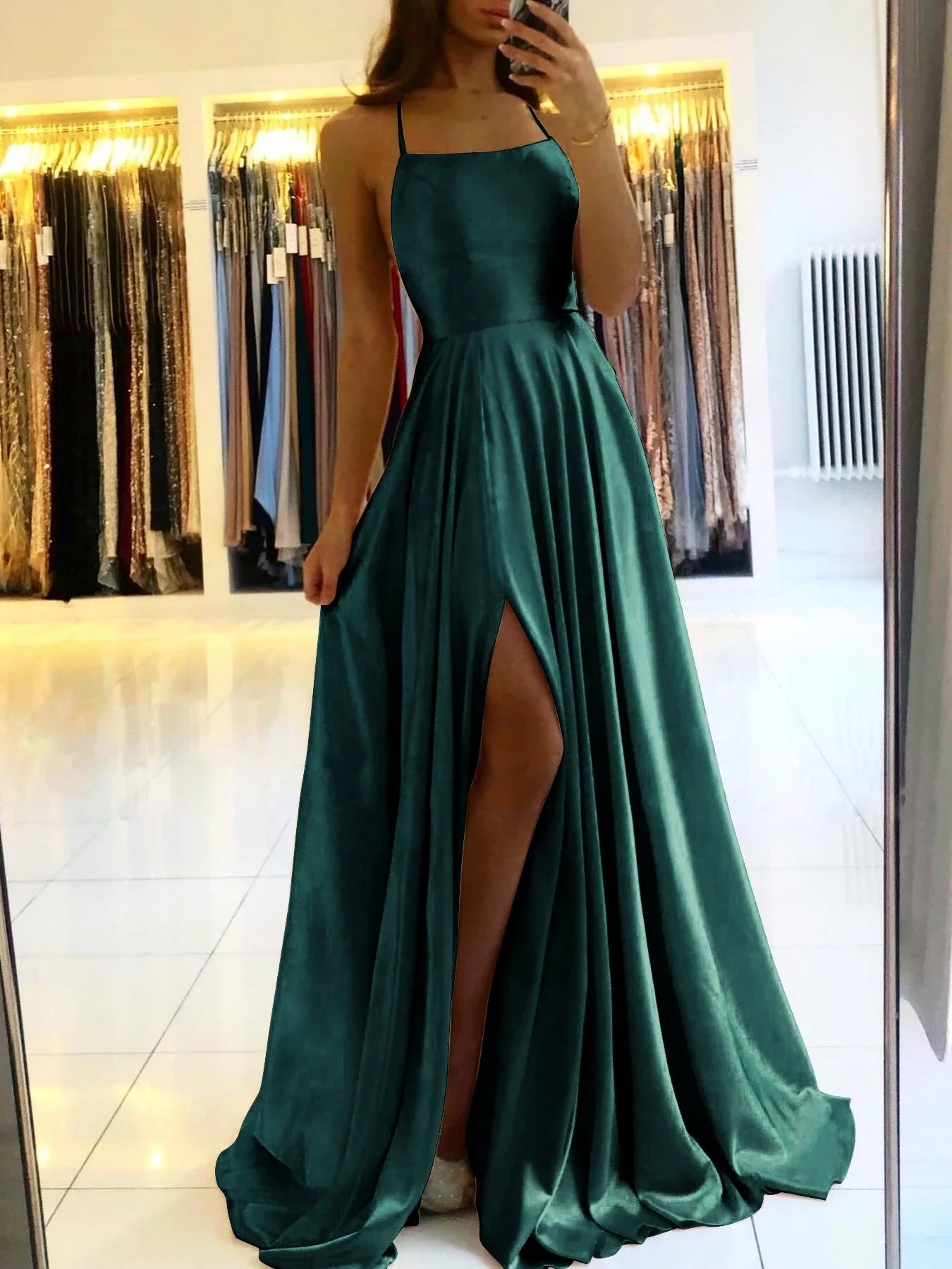 Women Sexy Prom Dresses Lace-Up Spaghetti Straps Backless Sling Evening Dress Satin A-Line High Split Maxi Train Party Gowns