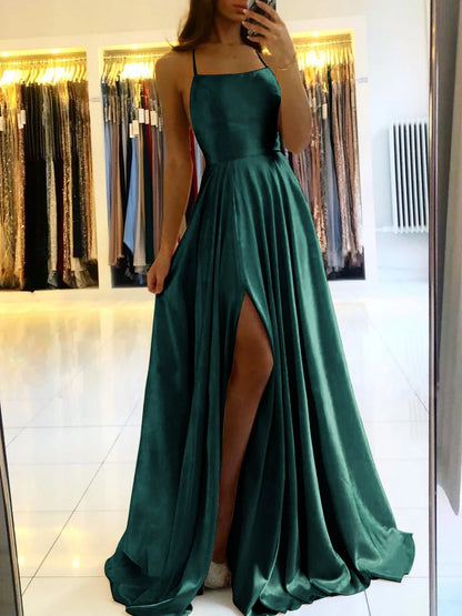 Women Sexy Prom Dresses Lace-Up Spaghetti Straps Backless Sling Evening Dress Satin A-Line High Split Maxi Train Party Gowns
