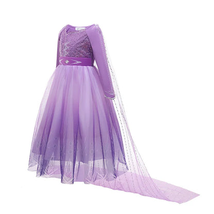 2026 Princess Girl Dress Snow Queen Halloween Cosplay Elsa Party Purple Costume Role Play Clothes Children Outfit Dress