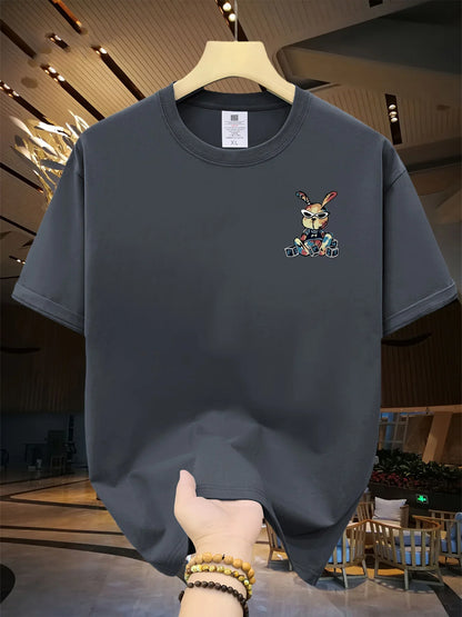 Men's summer 100% pure cotton fashionable casual loose black rabbit cartoon pattern printed round neck short sleeved T-shirt top