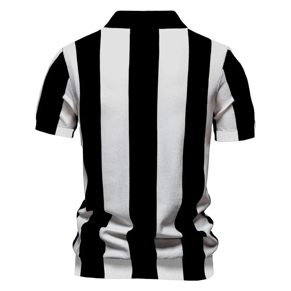 2025 New Summer Men's Breathable Striped Contrast Panel Polo Shirt - Casual Short Sleeve Knit Shirt with Comfort Fit