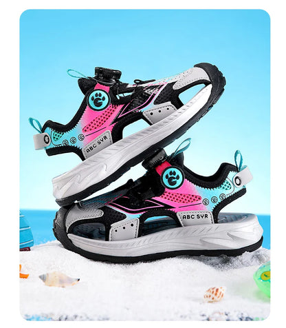 Kids Rotating Button Closed-Toe Sandals, Breathable Mesh Sport Shoes for Boys, Non-Slip Adjustable Summer Beach Sneakers