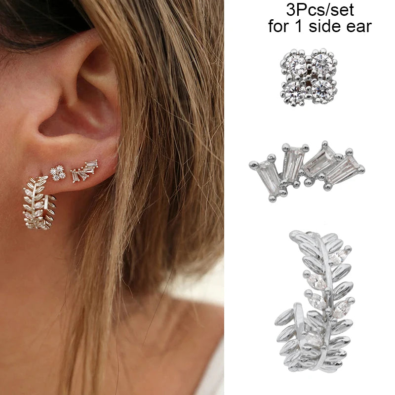 3PCs/set Earrings for 1 Ear Women gold color zirconia Classic Piercing Designer Earring set 2024 Women Jewelry Wholesale