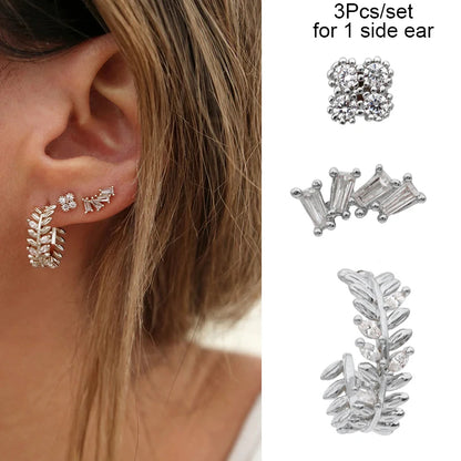 3PCs/set Earrings for 1 Ear Women gold color zirconia Classic Piercing Designer Earring set 2024 Women Jewelry Wholesale