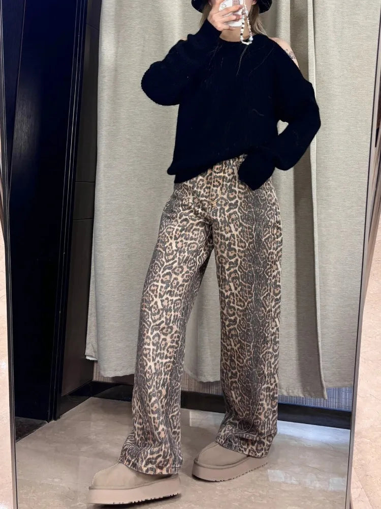 High Waist Straight Jeans Hip-hop Leopard Print Pants