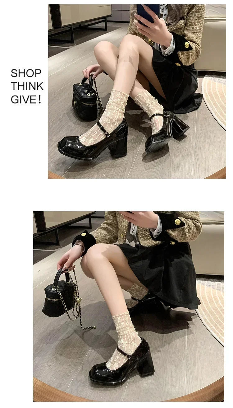 Ladies Summer Black New Small Leather Shoes Mary Janes Vintage Buckle Non-Slip Sandals Woman Medium Heels Casual Elegant Heels