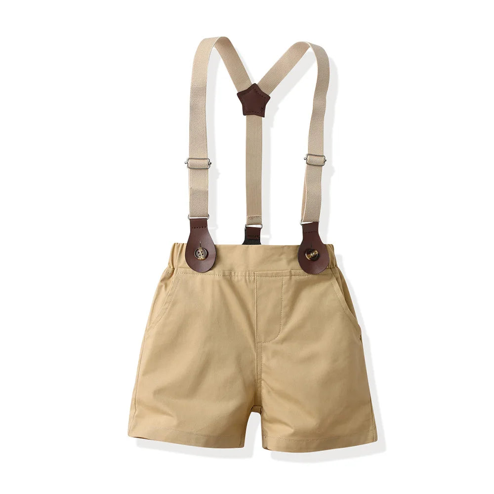 Children Formal Clothing Summer Comfortable Two Piece Set Kid Short Sleeve Shirt Bow Tie Suspenders Shorts Boy Elegant Outfit
